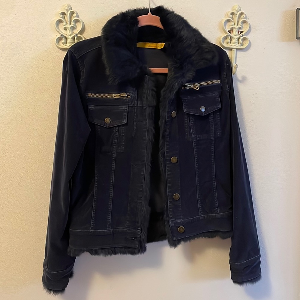 Twilltwentytwo Navy Blue fur trimmed corduroy jacket.